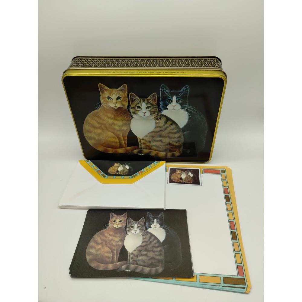 Vtg Kitty Cat Storage Tin Box 1995 Steven Lawrence Co. Incomplete Stationary Set